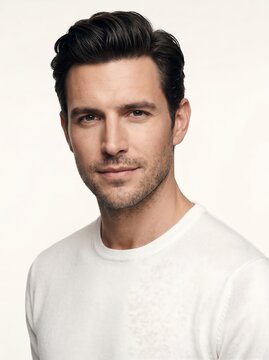 Handsome young man in white t-shirt portrait studio shot
