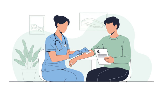 Nurse taking blood sample from patient during medical examination