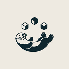 Seal playing with black cubes floating. © Novacrest