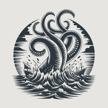 Tentacled sea monster rising from waves.