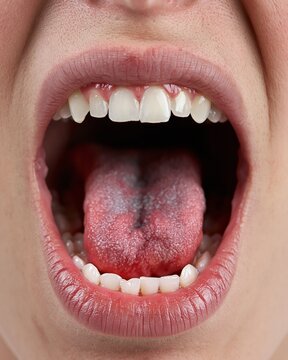 Frontfacing clinical shot of an open mouth focused on the swollen tongues inflammation and glossitis signs highresolution detail with diffused light and ample copy space
