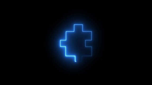Glowing Blue Pixelated Cross Symbol on Black Background with Neon Effect glowing blue cross pixelated symbol