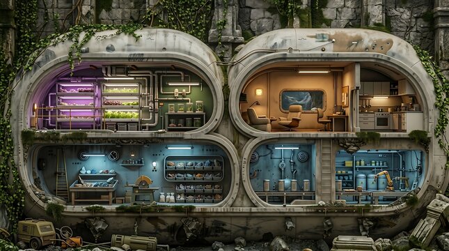 Eco Futuristic Modular Habitat Cross Section with Ivy