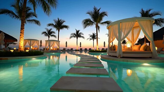 Luxurious tropical resort pool at twilight with palm trees, cabanas, and stepping-stone walkway across glimmering water
