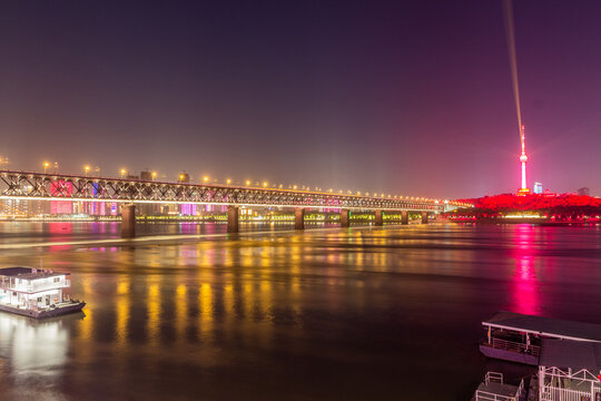 Night view of the First Bridge over Yangzi river (Chang Jiang) in Wuhan, Hubei province, China
