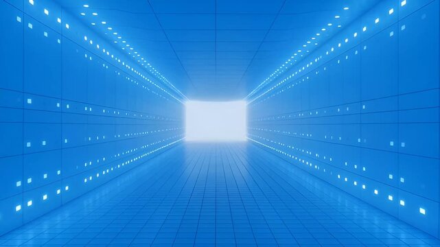 A bright light shines at the end of a futuristic blue tunnel with glowing lines and dots.