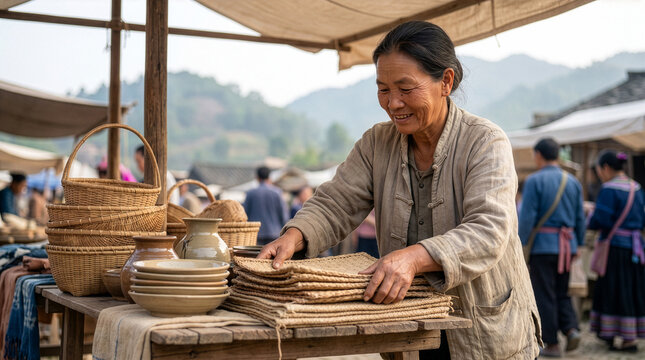 Senior Asian Woman Selling Handmade Crafts at Rural Market