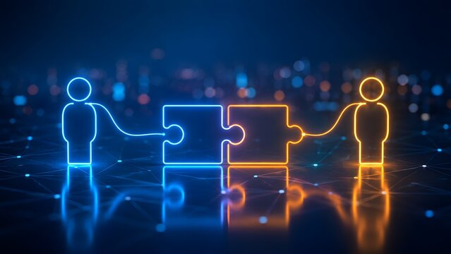 Glowing blue and orange figures connected by puzzle pieces representing teamwork collaboration partnership and digital network connection
