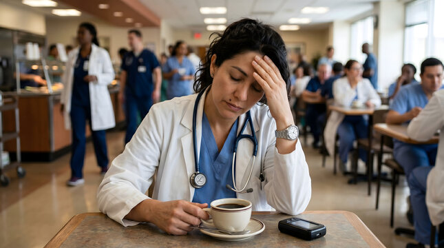 doctor feeling stressed and tired holding coffee cup