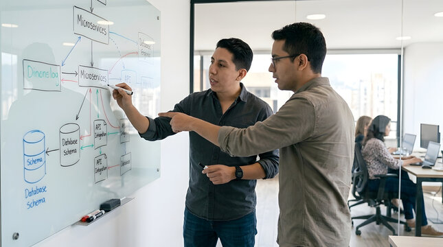 tech team discussing microservices architecture on whiteboard