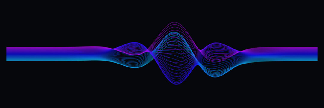Flowing neon wave ribbon with thin blue and purple lines on a dark background for abstract soundwave and digital technology concept