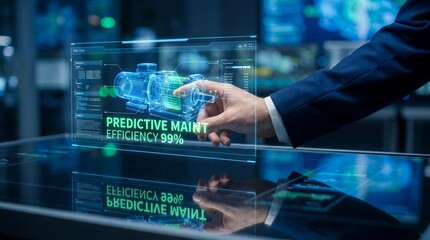 Fototapeta premium A man's hand interacts with a holographic display showing predictive maintenance data for a machine in a modern office.