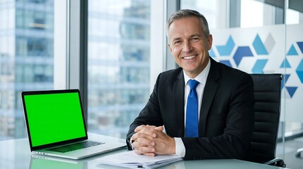 Fototapeta premium Professional mature businessman in a black suit sitting at his desk with a green screen laptop inside modern office space