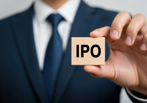 Businessman holding a wooden block with the letters ipo isolated on white background
