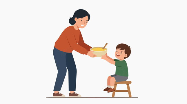Woman Giving Child Cup of Mingau de Milho Corn Porridge, Brazilian Northeastern Traditional Food Flat Illustration
