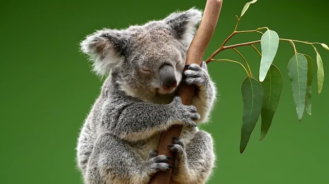 Cute Koala Bear Resting on Eucalyptus Tree Branch Against Blurred Green Background in Australian Wildlife Habitat