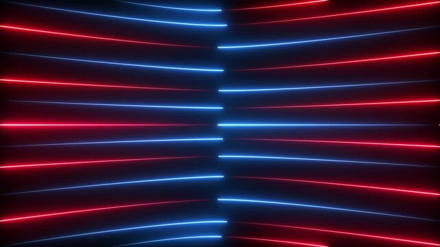 A dark abstract background with alternating horizontal curved neon red and neon blue light lines creating a symmetrical, futuristic, and energetic visual pattern with a sense of depth. Keywords