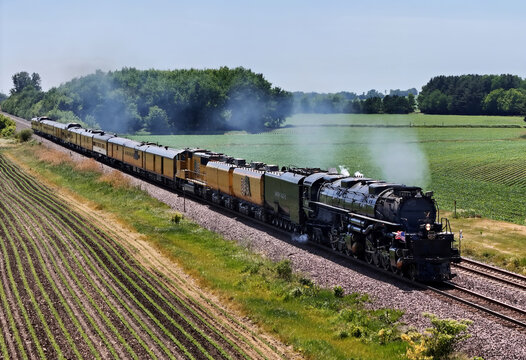 Rochelle, Illinois - USA - June 2, 2026; Union Pacific Big Boy steam engine 4014 on coast to coast tour celebrateing America's 250th anniversary.