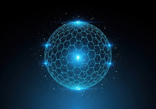 Abstract glowing blue digital sphere with interconnected nodes and hexagonal patterns in a futuristic design