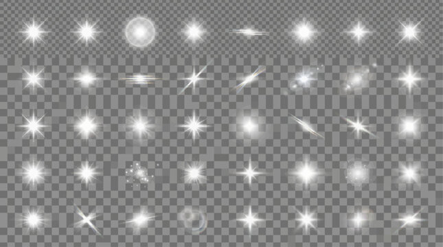 Set of different shapes glowing rainbow stars isolated on transparent background. Reflection light prism effect. Glare colorful reflection. Crystal rainbow reflection. Glowing star lights effect