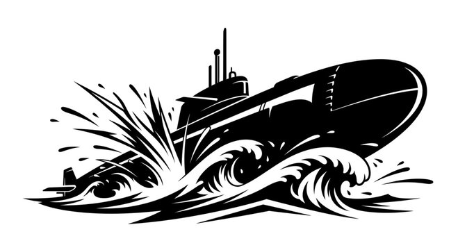 Submarine Surfacing Through Rough Ocean Waves Vector Illustration
