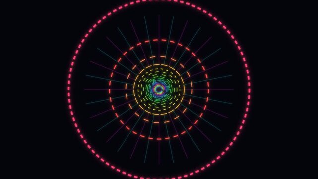 Neon circular tunnel animation with glowing colorful dashed lines