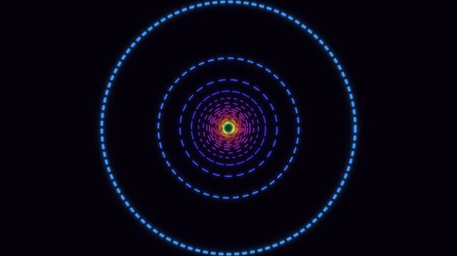 Glowing neon dashed circle tunnel with changing colors on black