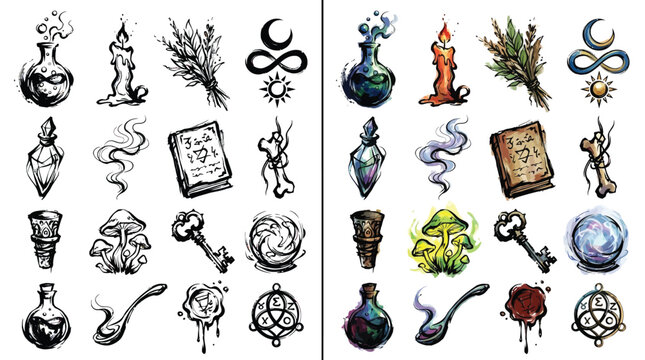 Collection of mystical and magical symbols, potions, and tools for witchcraft and occult practices.