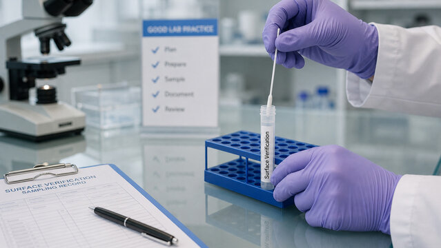 A laboratory worker uses a swab to test a surface sample. The worker wears gloves and prepares the sample in a lab. A checklist for good lab practices is visible in the background.