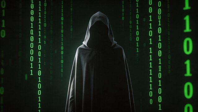 Cloaked figure with binary code