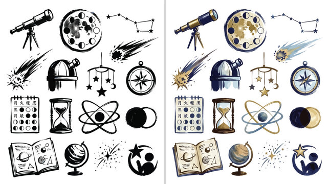 Collection of celestial objects and scientific instruments, including telescopes, moons, stars, and planets, presented in both black and white and color.