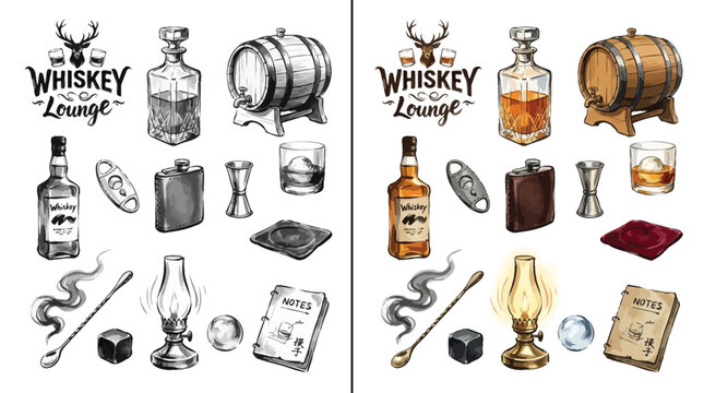 Collection of vintage whiskey lounge elements, including bottles, barrel, glasses, and accessories, presented in both color and black and white.