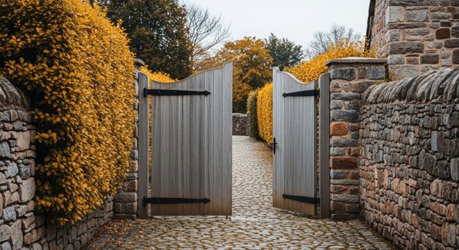 Open wooden gate in a traditional stone wall.