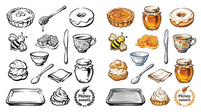 A collection of sweet treats and honey-related items, including pies, donuts, jars of honey, and bees, presented in both color and sketch styles.