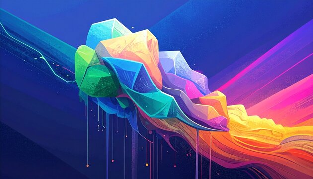 Vibrant Abstract Crystal Formation with Flowing Rainbow Colors.