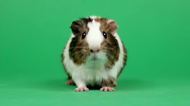 Cute Tri-color Guinea Pig Sitting and Looking at Camera on Chroma Key Green Screen Background