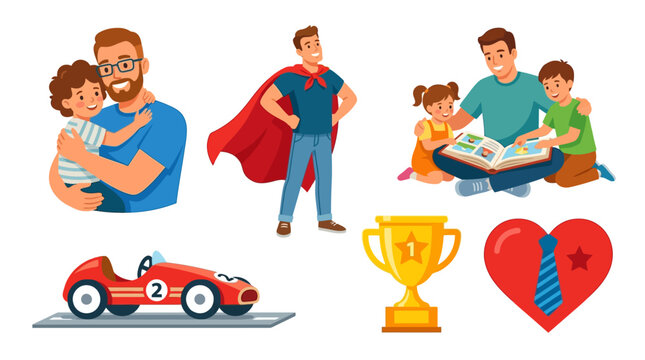 Set of Father's Day elements in modern flat style. Collection featuring dad with child, family moment, superhero father, toy car, trophy and heart. Suitable for holiday design and social media. Vector