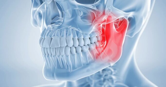 Medical illustration of jaw pain and dental discomfort. 3D medical illustration of human jaw anatomy showing temporomandibular joint dysfunction with red inflammation highlight on a female face
