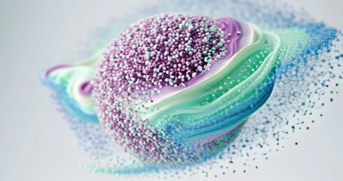 3D render of abstract art video animation with part of a surreal ball or sphere based on small balls molecules particles in motion wavy turbulence process in purple green blue mix color on white back