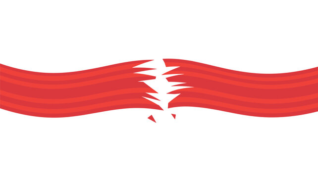 A vibrant red ribbon is torn apart in the middle with jagged edges, marking a sudden break or disconnection in a continuous flow or process.