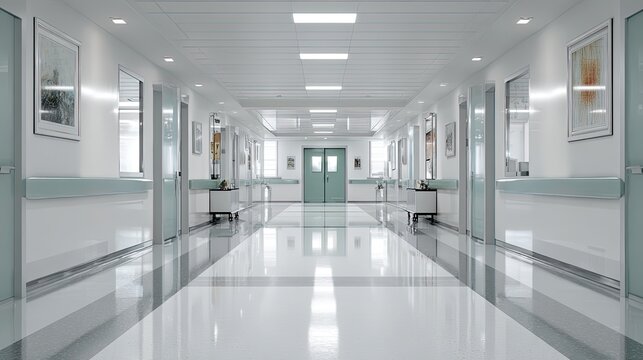 Clean bright hospital ward corridor, tidy medical passage interior for healthcare facility backdrop