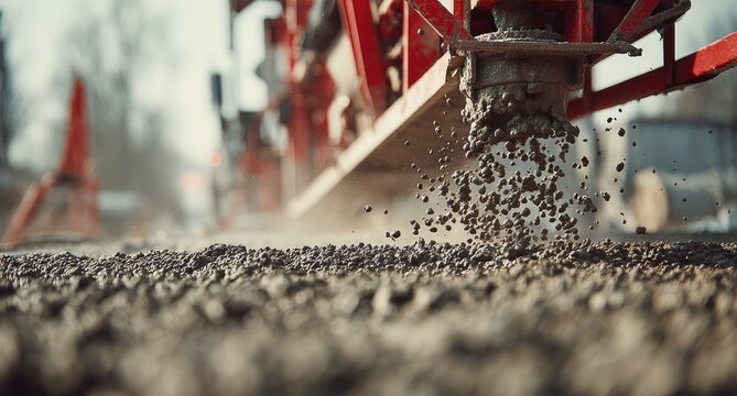 Construction machine pours aggregate onto a base layer