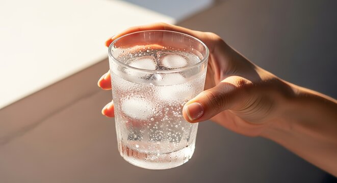 Elegant hand gently grasping a chilled glass of sparkling beverage with ice cubes against a minimalist background with soft sunlight, glass, editorial, condensation