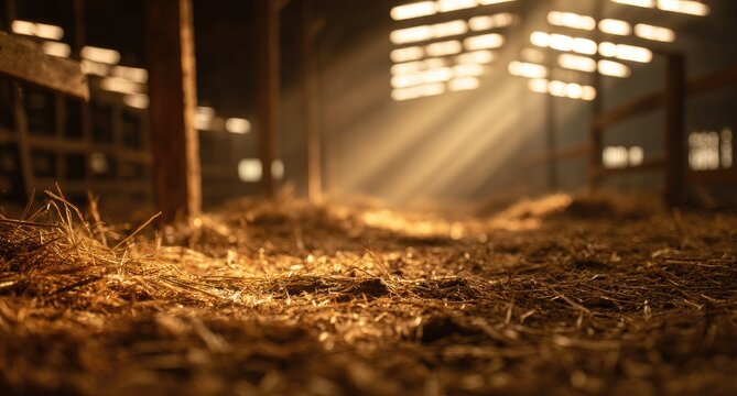 Hay-filled barn interior, sunbeams