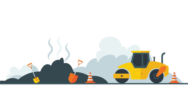 A yellow road roller machine sits near a pile of hot, steaming asphalt with two shovels and orange safety cones on a clean white background.