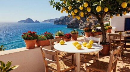 Obraz premium Terrace cafe offers sea view with lemon tree. Outdoor seating with white tables chairs. Blue ocean coastline and sunny sky with flowers adds charm. Perfect for vacation relaxation.