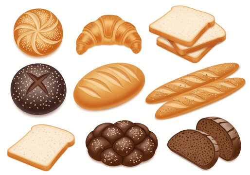 Assortment of Freshly Baked Breads and Pastries Displayed on a White Background
