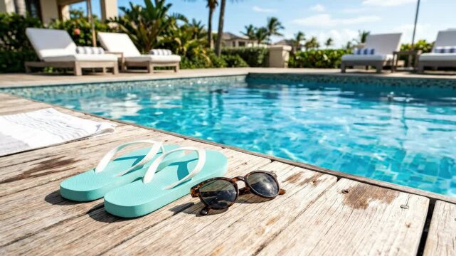 Beach flip-flops and sunglasses on wooden planks near a swimming pool, clean summer vacation still life with poolside leisure, bright seasonal styling and travel appeal, polished photoreal finish, no