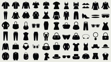 Obraz premium A comprehensive grid of black silhouette icons depicting various clothing items, accessories, and footwear rests on a light grey background.