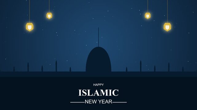 Islamic New Year celebration with mosque silhouette and glowing lanterns in night sky